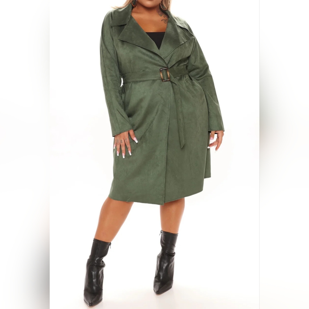 * Fashion Nova Women's We're On The Move Faux Suede Trench Coat Green Size 1X